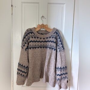 ARULA Taupe Sweater with Navy Fair Isle Trim
